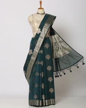 women zari woven saree with tasseled pallu