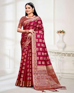 women zari woven saree with tassels