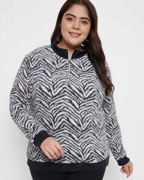women zebra print high-neck pullover with half-zip closure