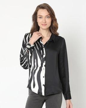 women zebra print regular fit shirt with spread collar
