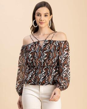 women zebra print slim fit off-shoulder top