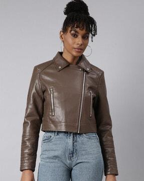 women zip-front biker jacket with full sleeves