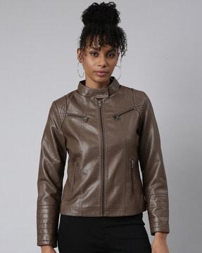 women zip-front biker jacket with full sleeves