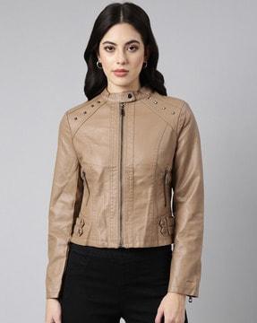 women zip-front biker jacket with mandarin collar