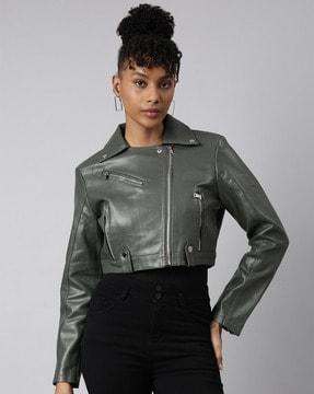 women zip-front biker jacket