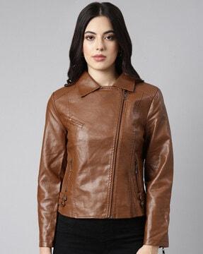 women zip-front biker jacket