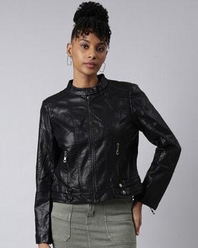 women zip-front biker jacket