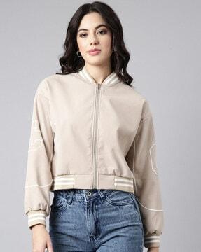 women zip-front bomber jacket with striped detail