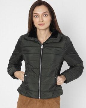 women zip-front quilted jacket with slip pockets