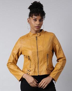 women zip-front regular fit biker jacket