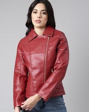 women zip-front regular fit biker jacket