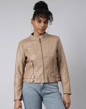 women zip-front regular fit biker jacket