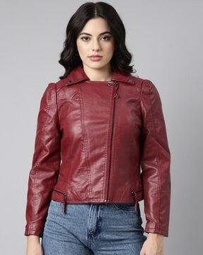 women zip-front regular fit biker jacket