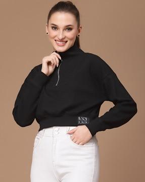 women zip-front regular fit crop sweatshirt