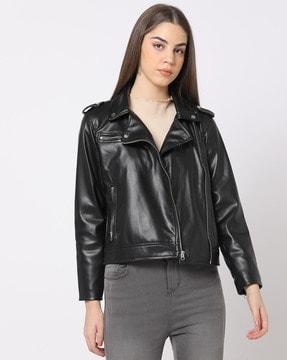 women zip-front relaxed fit biker jacket