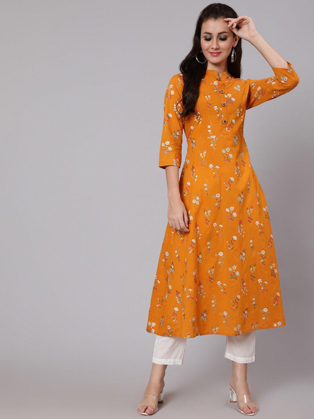 womenclick band collar floral printed a-line regular cotton kurta