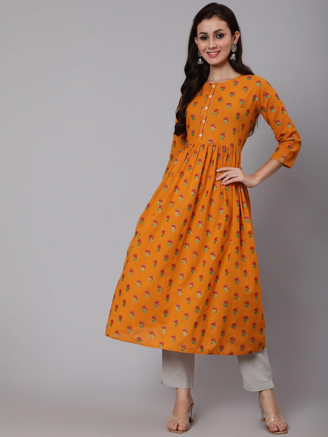 womenclick mustard yellow & red floral printed cotton kurta