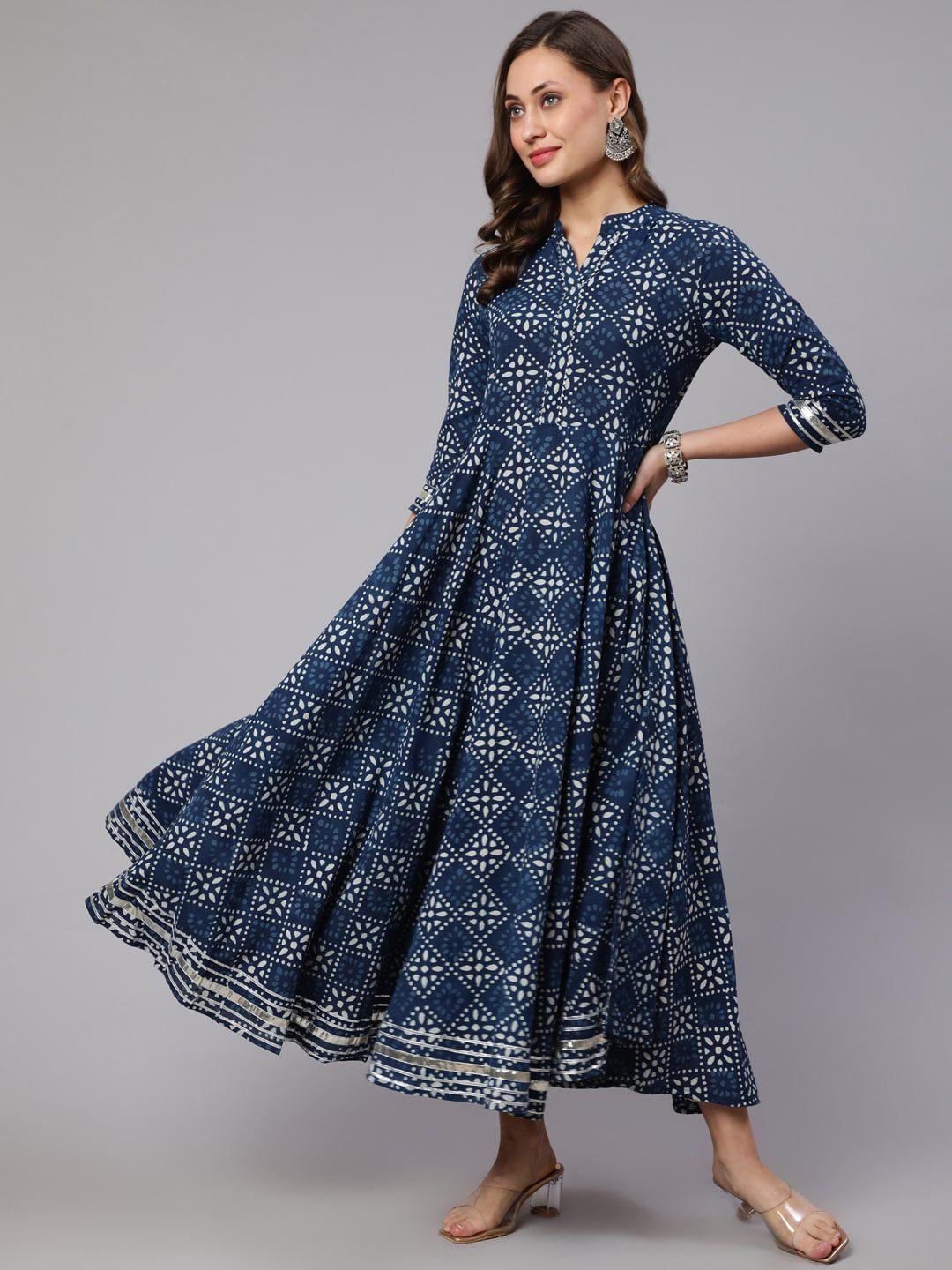 womenclick printed band collar cotton flared anarkali kurta