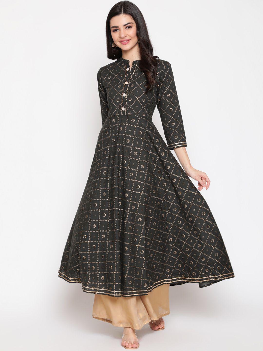 womenclick women black geometric printed cotton anarkali kurta