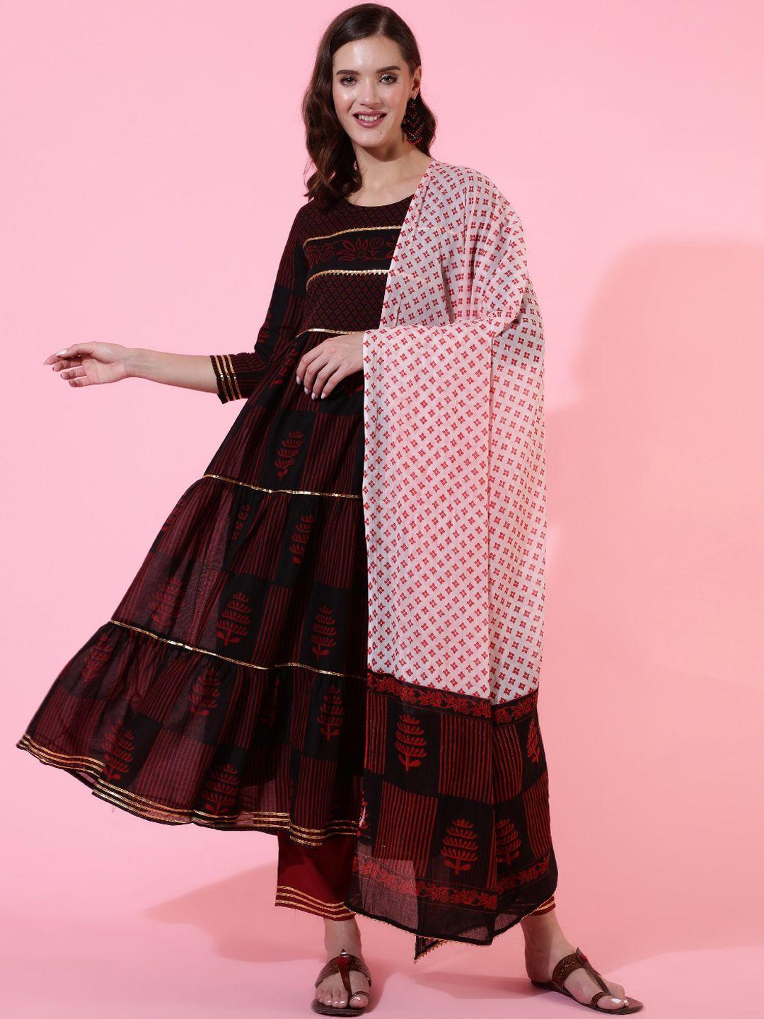 womenclick women black printed tiered kurta with pyjamas & with dupatta