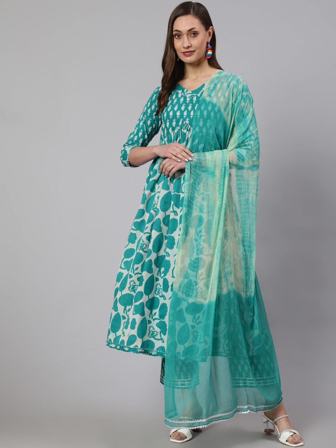 womenclick women green printed tiered pure cotton kurta with pyjamas & with dupatta
