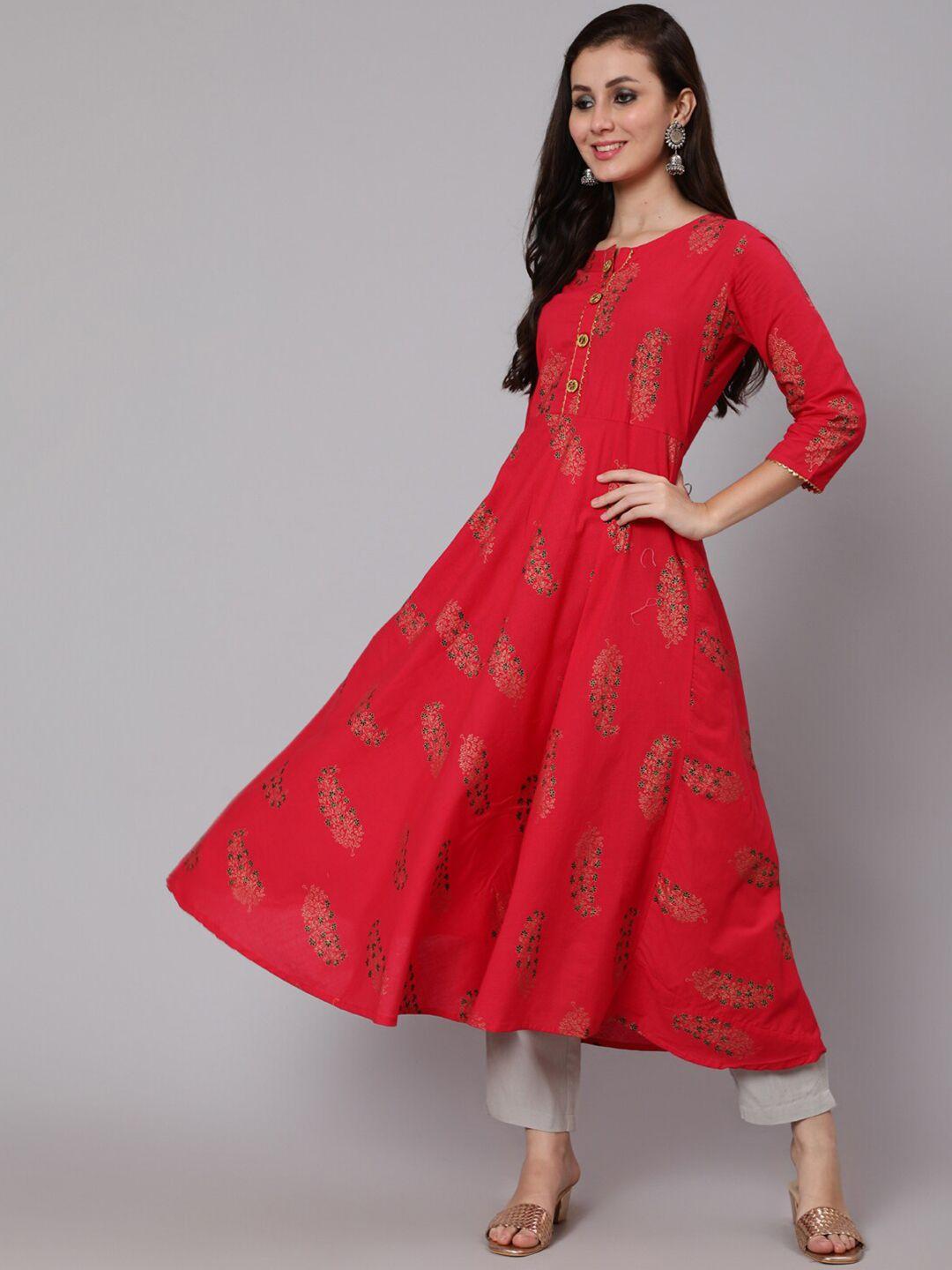 womenclick women red & gold-toned floral printed pure cotton a-line kurta