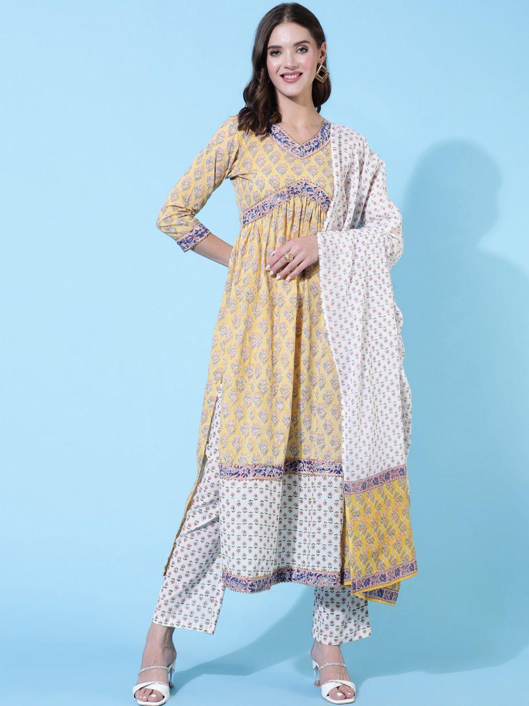 womenclick women yellow printed tiered kurta with pyjamas & with dupatta