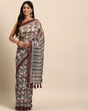 womenleag print organza saree with tassels