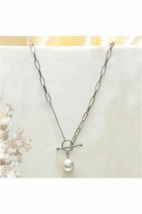 womens asymmetrical pearl lock statement necklace - multi