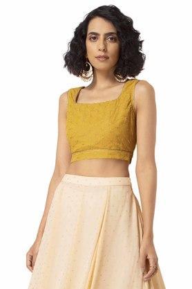 womens beige embroidered side slit crop top - yellow