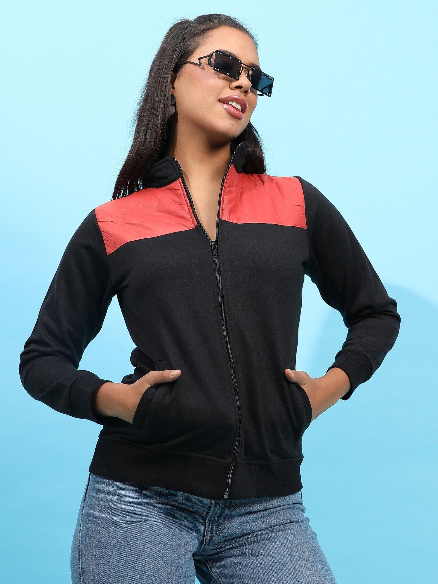 womens black and red zip front jacket with quilted details