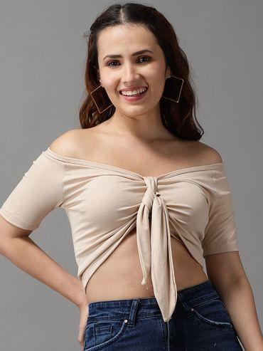 womens boat neck beige fitted regular top