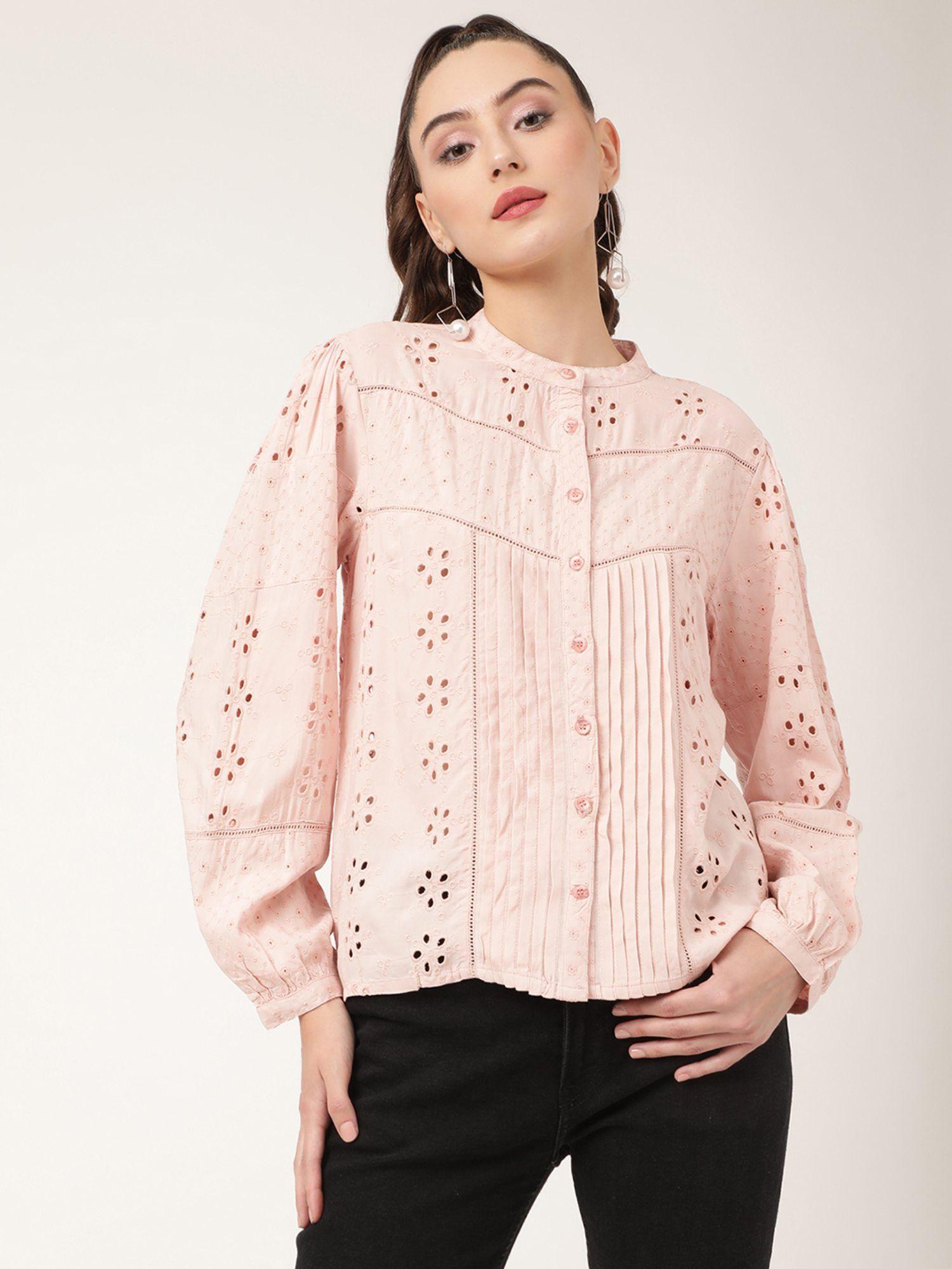 womens dusty pink schiffli top with band collar