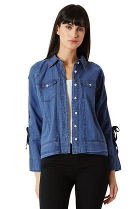 womens eyelet and twill tape detailing solid bomber denim jacket - blue