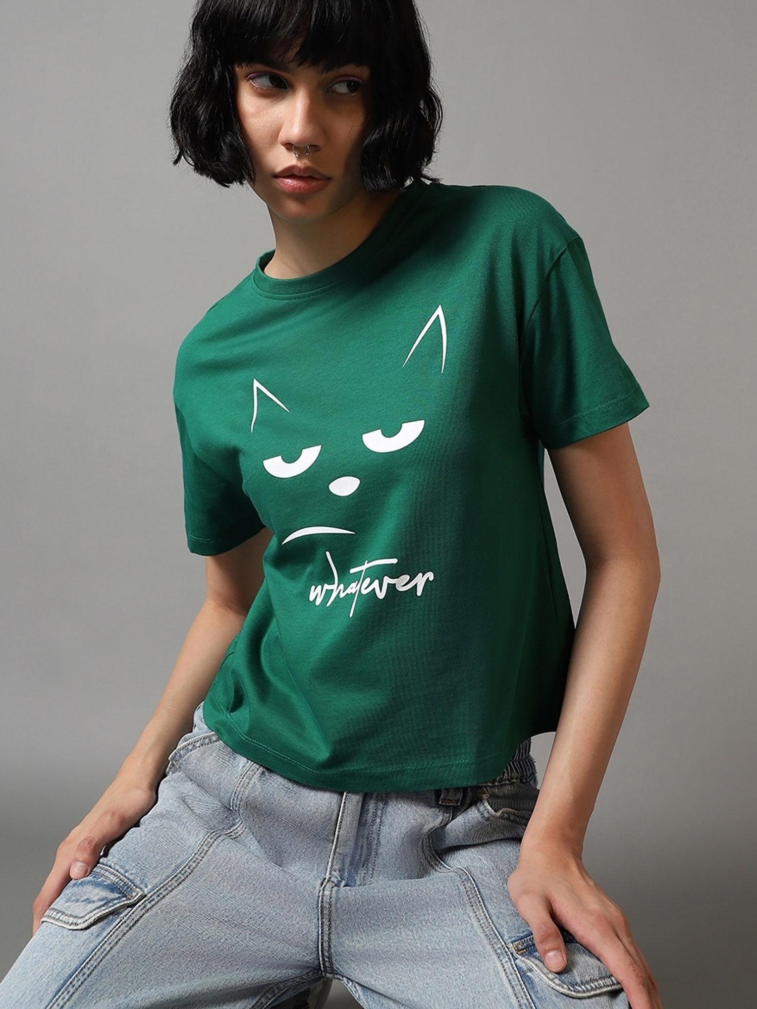 womens green whatever cat graphic printed relaxed fit t-shirt