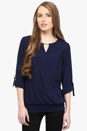 womens key hole neck solid top - navy