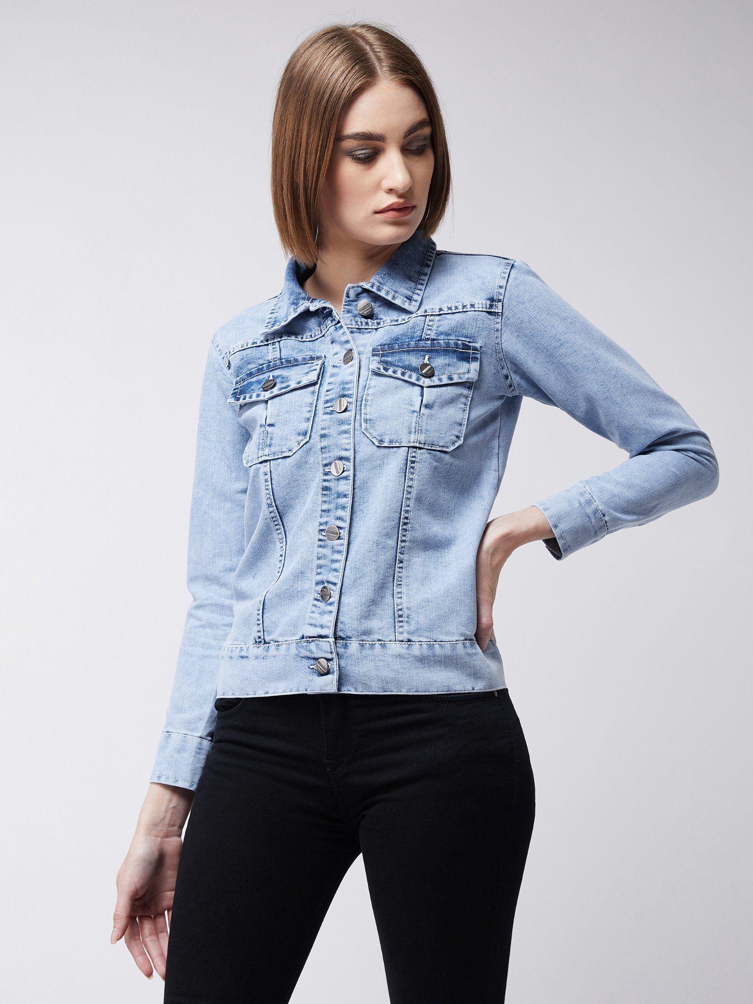 womens light blue collared full sleeves solid buttoned denim jacket