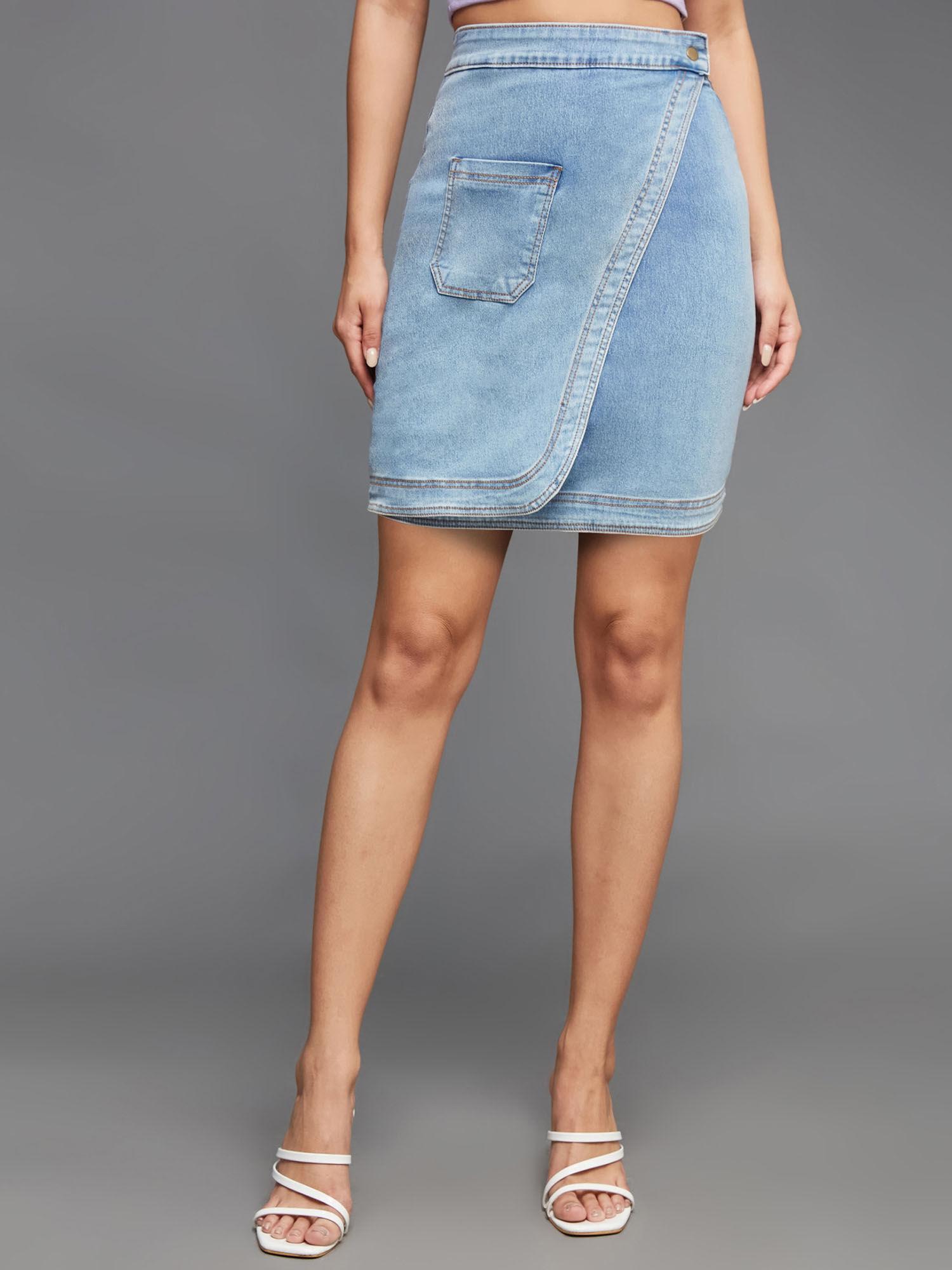 womens light blue high-rise clean-look above knee stretchable denim skirt