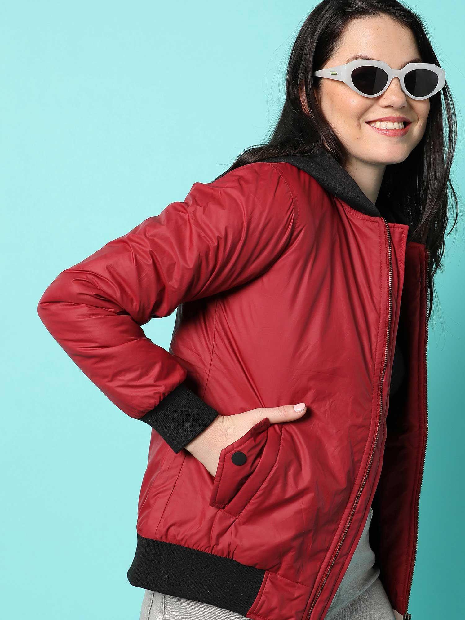 womens maroon red solid bomber jacket