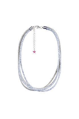 womens metallic silver multi strand western necklace with crystal stone dust and metallic thread chain - multi