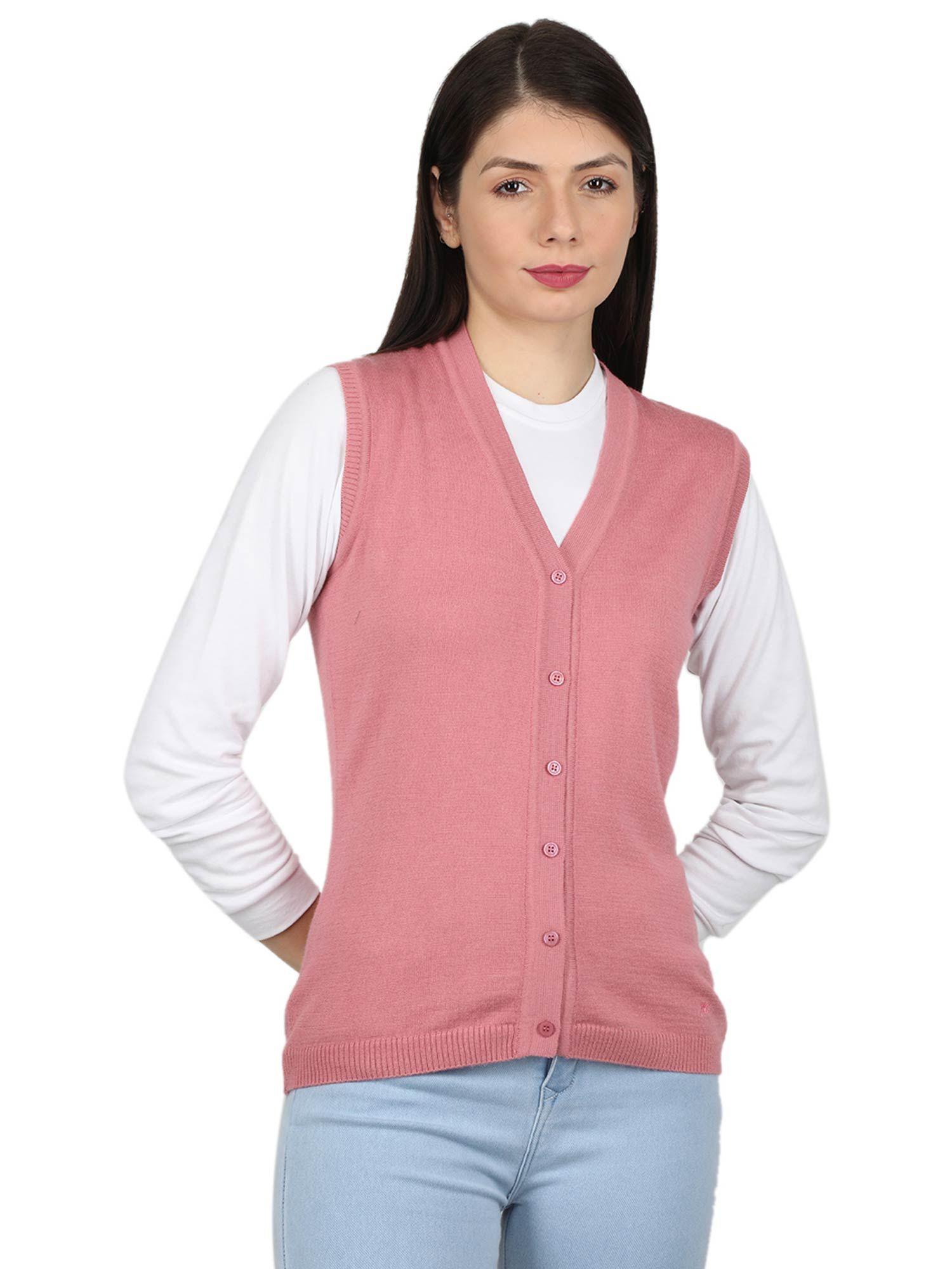 womens modal nylon pink solid round neck cardigan