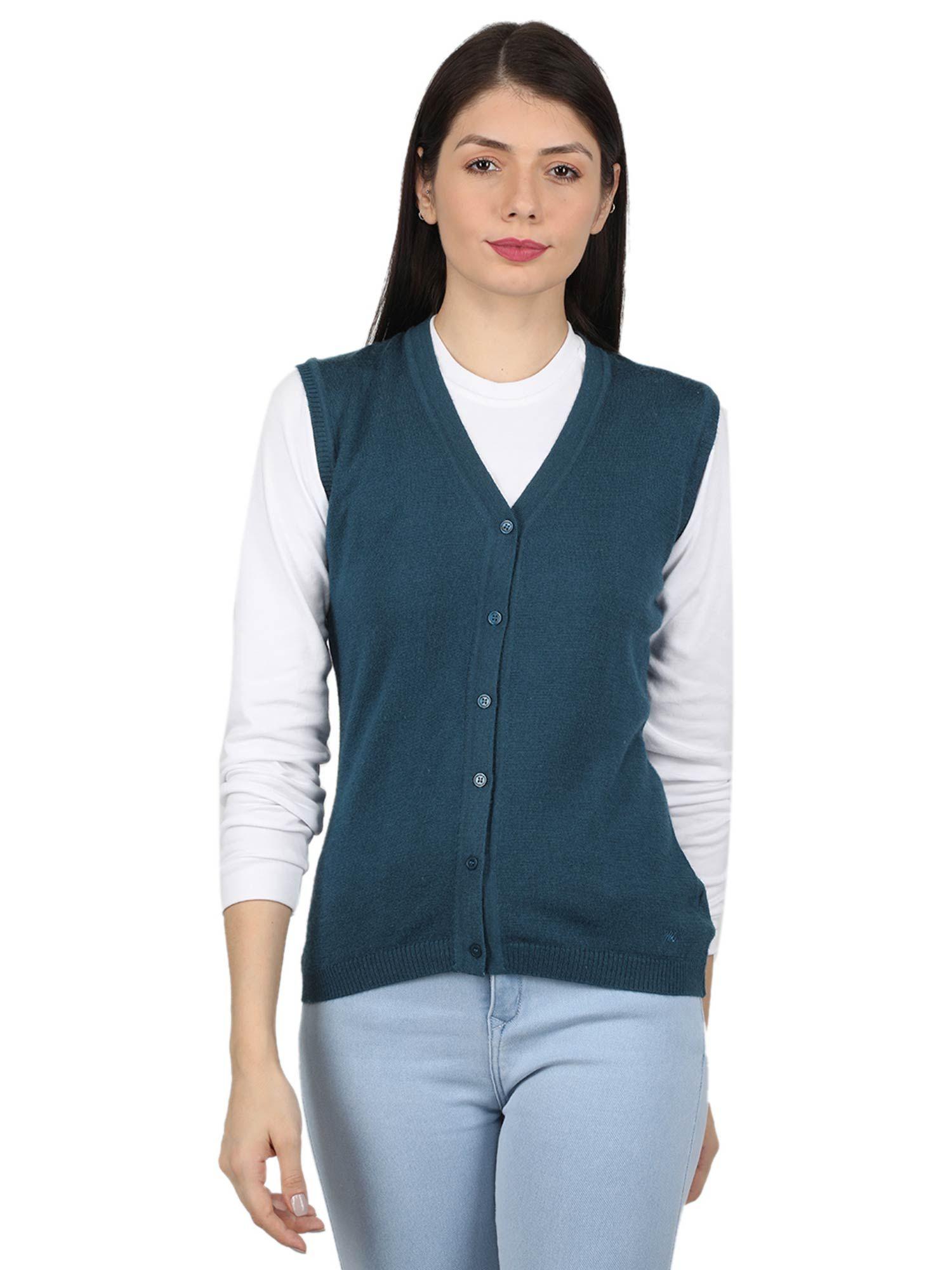 womens modal nylon teal solid round neck cardigan