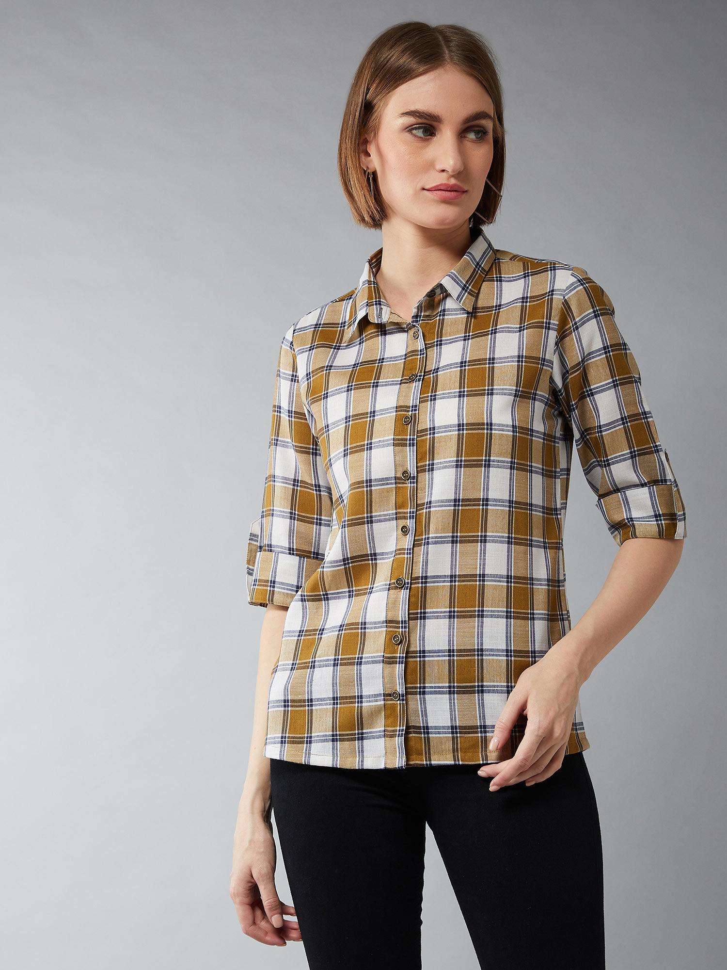 womens multicolor-base white collared neck 3/4 sleeves checkered basic shirt