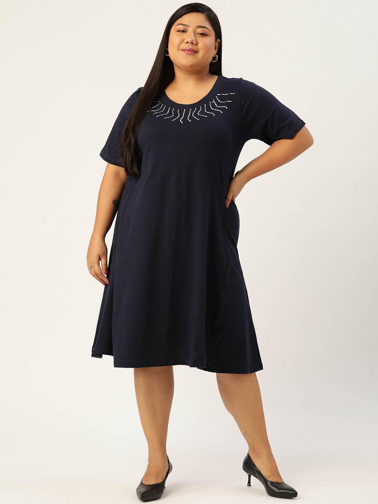 womens navy blue solid color crystal motify a-line midi dress