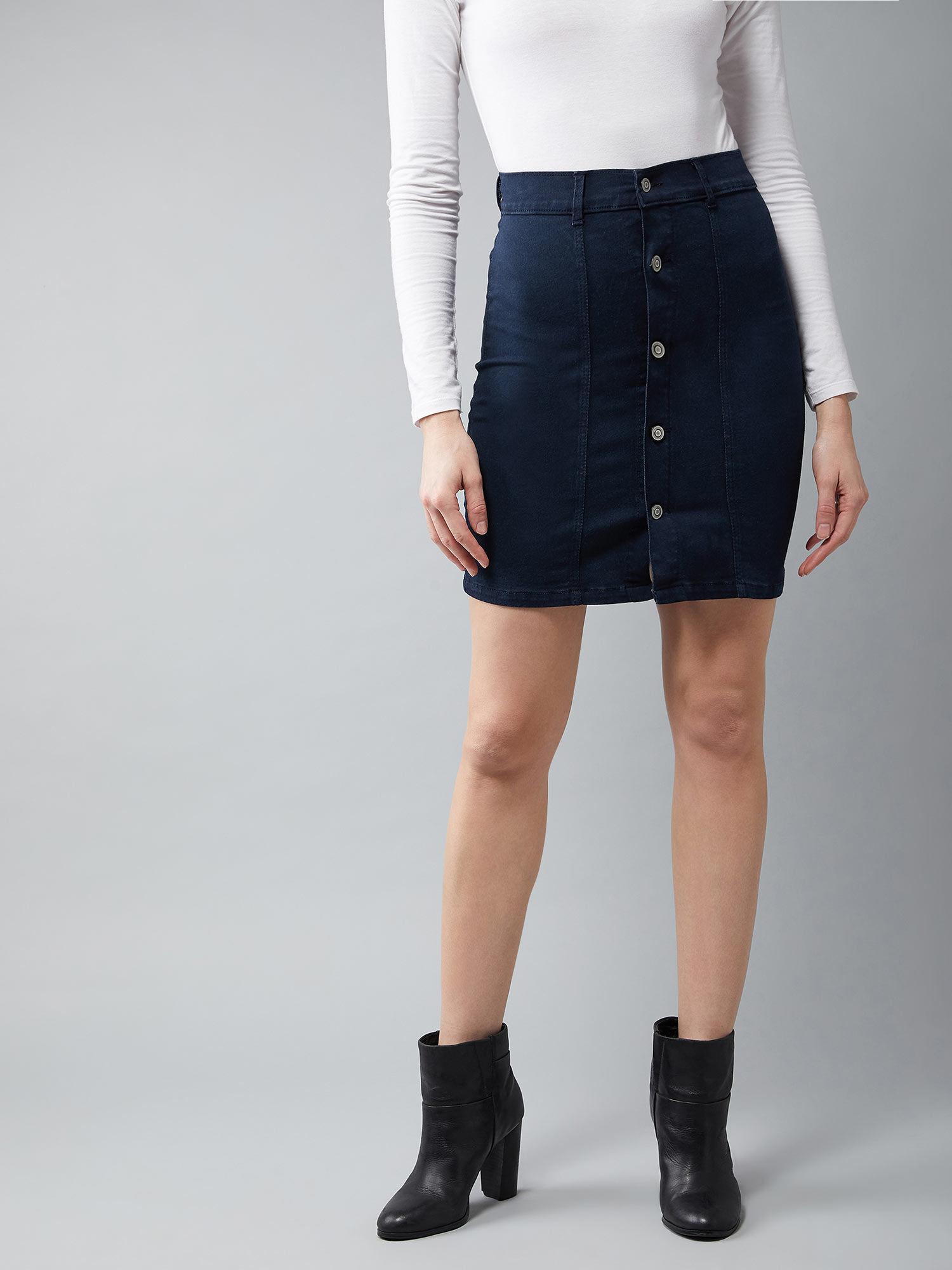 womens navy blue stretchable solid a-line mini denim skirt