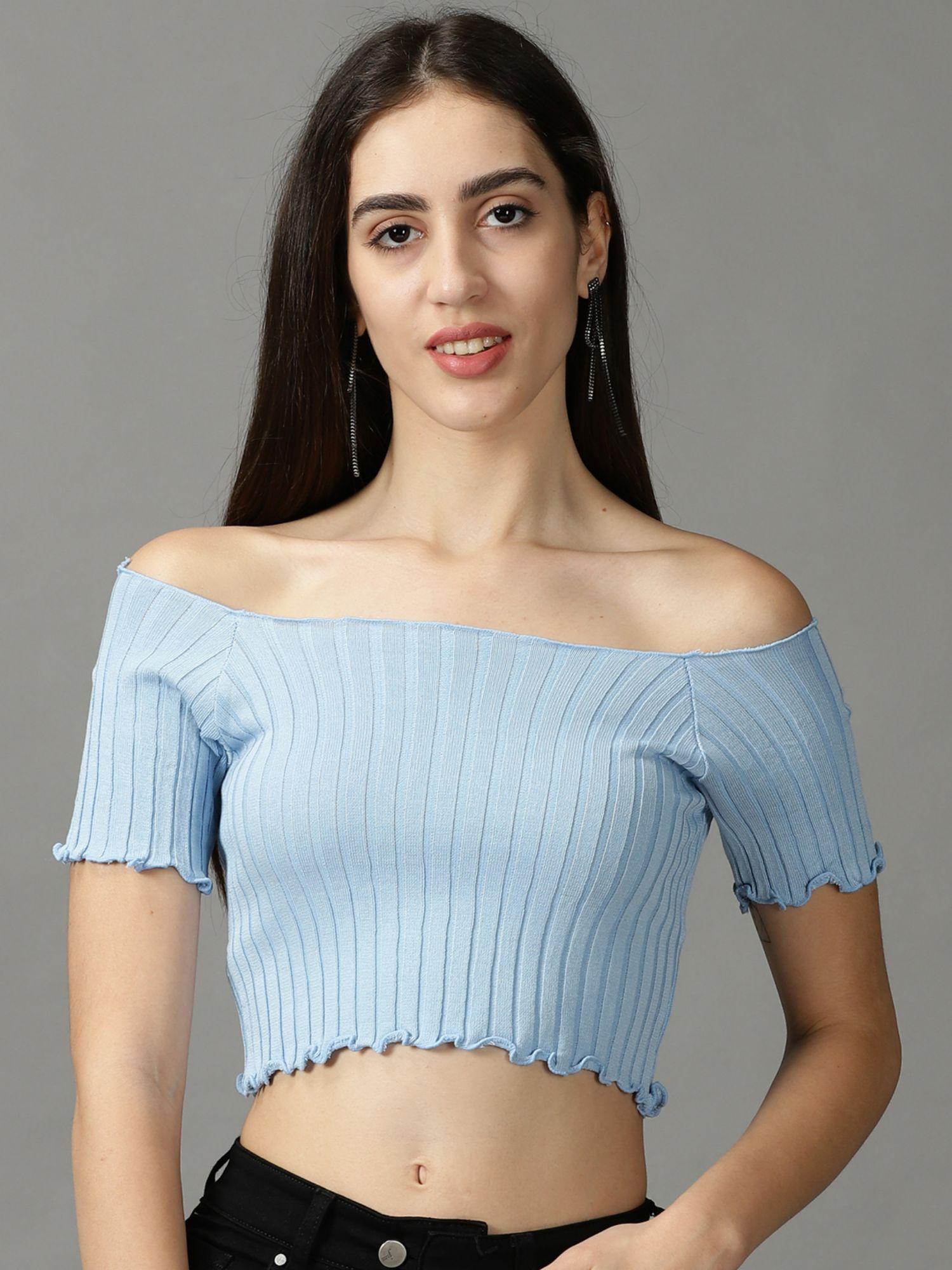 womens off shoulder neck fitted solid blue crop top