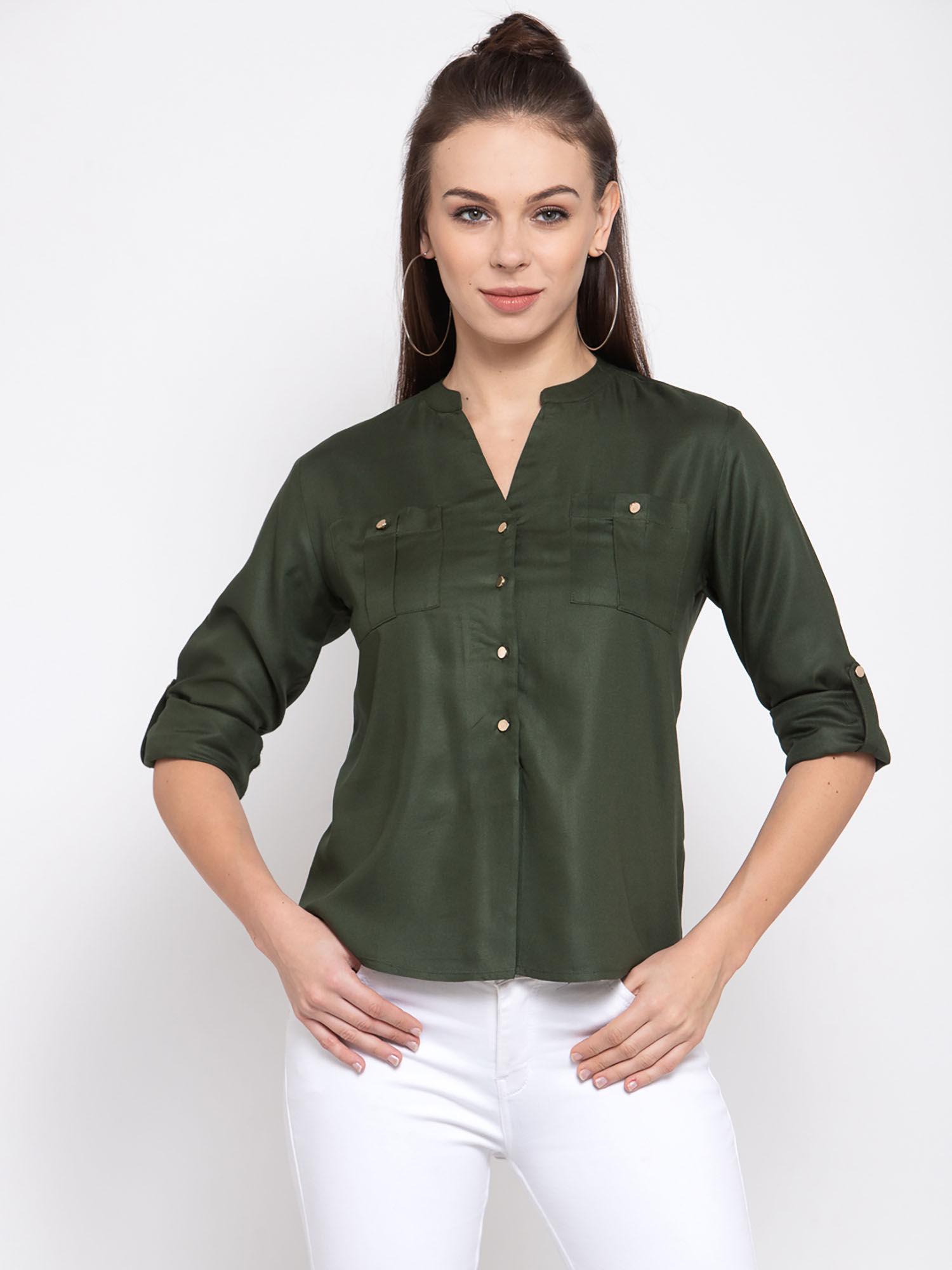 womens olive green boxy solid casual shirt