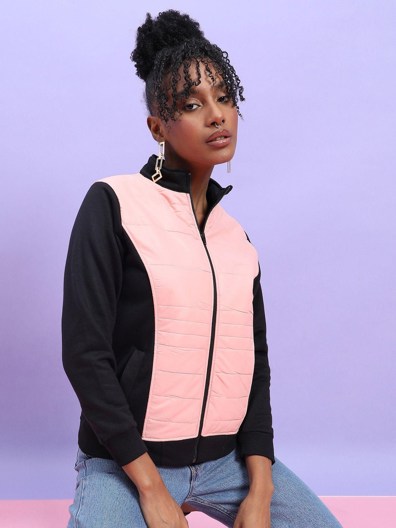 womens peach and black zip front jacket with quilted details