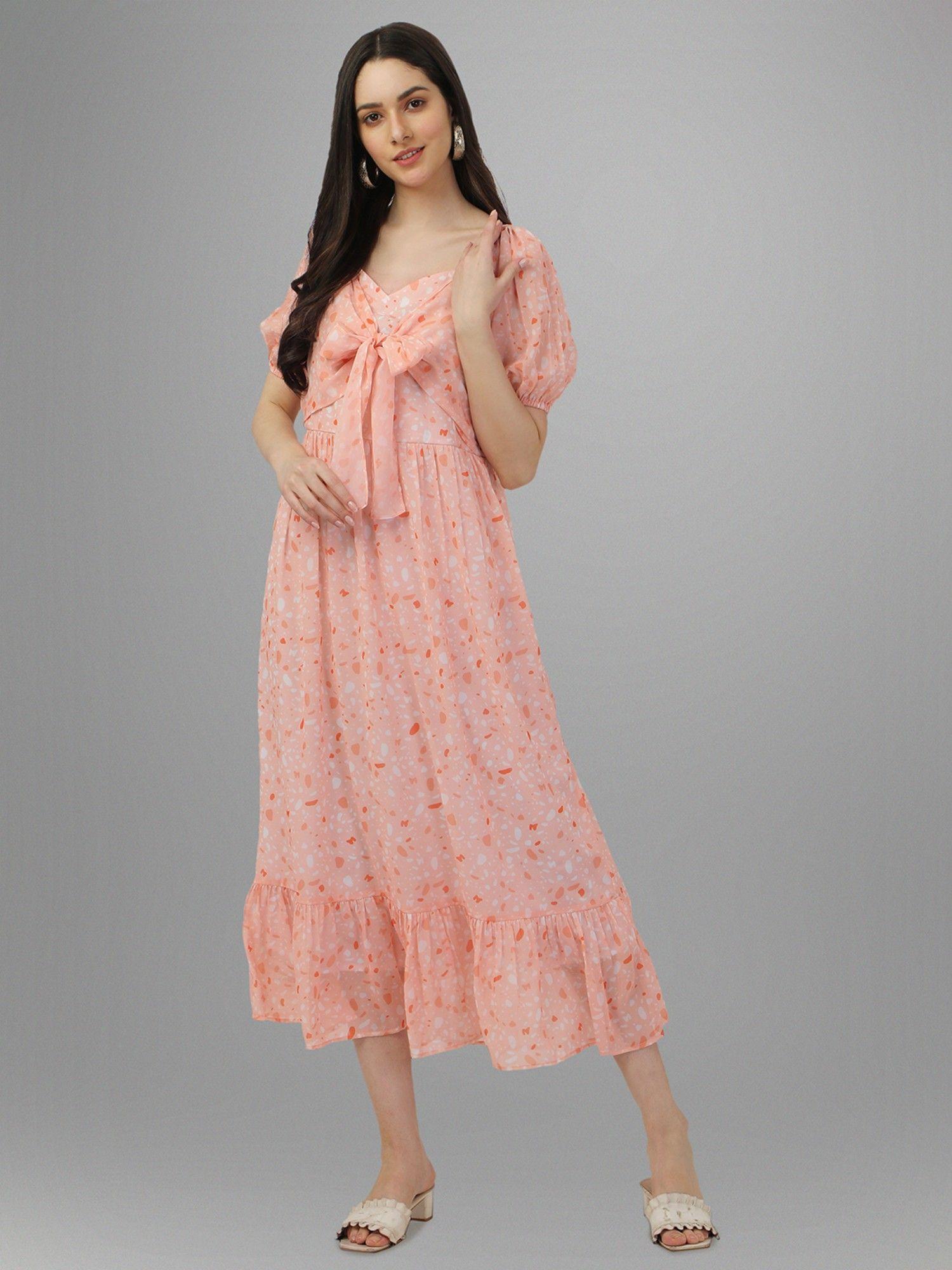 womens peach georgette floral fit & flared western dress