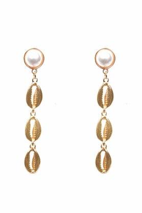 womens pearl stud with cowrie shell charm drop earrings - multi